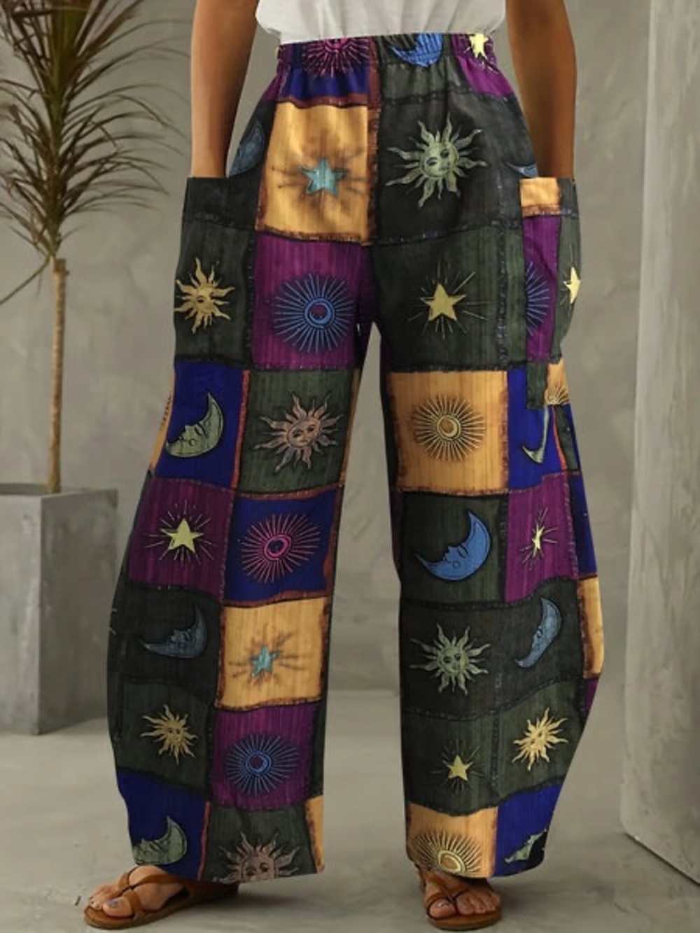 Grunge Hippie Sun and Moon Over Sized Casual Pants Sz Small